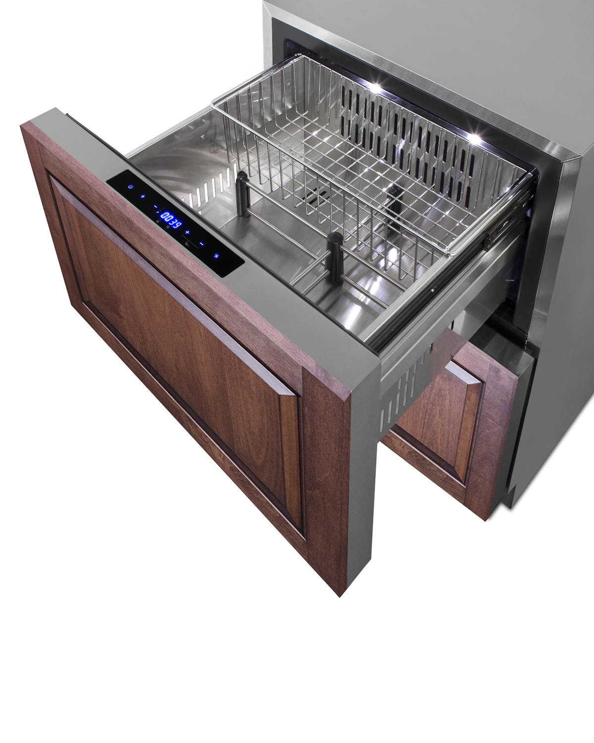 Commercially approved two-drawer refrigerator-freezer for built-in or freestanding use, with digital thermostat, frost-free operation, panel-ready drawer fronts, and complete stainless steel construction